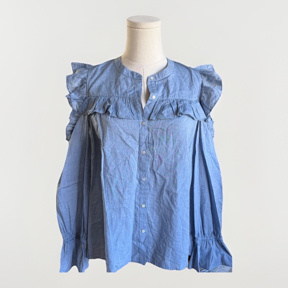 Joie Akari Ruffle Chambray Cold Shoulder Button Up Blouse Western Womens S Boho - Picture 2 of 9